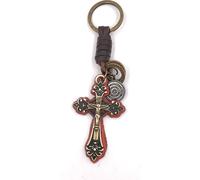 Onwomania Porte-clés Croix Cuir Foi Christ Antique Métal Pendentif Charm