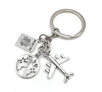 Onwomania Porte-clés en métal avec motif avion, globe terrestre, passeport, porte-bonheur dans une boîte cadeau en aluminium, idéal pour offrir, argenté, taille unique