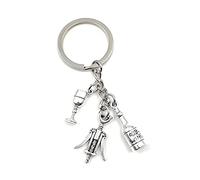 Onwomania Porte-clés en verre bouteille de vin tire-bouchon pendentif en métal argenté charme