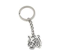 Onwomania Porte-clés tête de tigre breloque pendentif animal en métal argenté tigre fumant