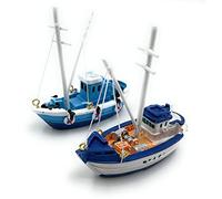 Onwomania Statuette de bateau de pêche en polyrésine - Double bateau de pêche - Figurine décorative en polyrésine - Bleu - 7,5 cm