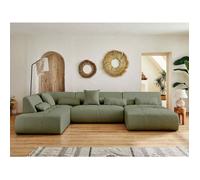 Lisa Design Canapé panoramique d'angle gauche Onyx 7 places en tissu Vert sauge