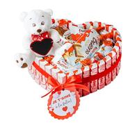 Onza Chocolat Saint Valentin Kinder - Coeur Chocolat à offrir qui contient Kinder Bueno, Chocobons, Happy Hippo, Cards - Peluche Saint Valentin [18cm] - Coffret Cadeau saint valentin pour homme, femme