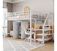 OOIILLEE 140 * 200 cm Lit Mezzanine avec Armoire, échelle de Rangement, Lits en métal Cadre avec barrières, étagères, Matelas Non Inclus (Blanc)