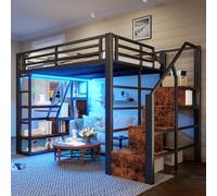 OOIILLEE 140 * 200 cm Lit Mezzanine avec Bande Lumineuse LED, Structure en métal avec Compartiment de Rangement, marchepied intégré, barrière de sécurité, échelle, Matelas Non Inclus (Noir)