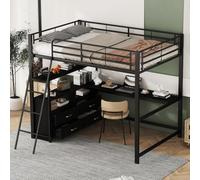 OOIILLEE 140 * 200 cm Lit Mezzanine avec Bureau en L, 4 tiroirs, Structure métallique avec barrière de sécurité, échelle, Matelas Non Inclus (Noir)