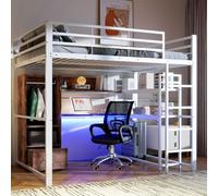 OOIILLEE 140 * 200 cm Lit Mezzanine avec éclairage LED, Bureau, Lits en métal Cadre avec tiroir, étagères, barrière de sécurité, escalier, Matelas Non Inclus (Blanc)