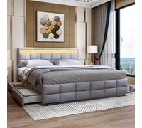 OOIILLEE 180 * 200cm Lit capitonné, Cadre de lit Double avec 4 tiroirs, Lits Modernes avec tête de lit en Velours pour la Chambre à Coucher (Gris-avec LED)