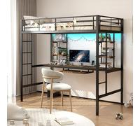 OOIILLEE 190×90cm Lit Loft en Métal avec Bureau et Etagères, Cadre de Lit Loft pour Enfants, Adolescents, Adultes, Economiseur d'Espace, Noir