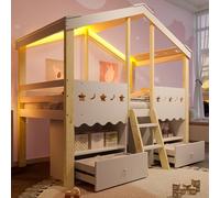OOIILLEE 90 * 200 Lit mi-Haut avec Bande Lumineuse LED, Lits Mezzanine en Bois avec 2 tiroirs, Forme Maison, Matelas Non Inclus, Blanc + Naturel