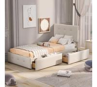 OOIILLEE 90 * 200cm Lit capitonné avec 2 tiroirs, Cadre de lit pour Enfants avec tête de lit en Velours, Lits Simples pour Garçons&Gris (Beige)