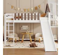 OOIILLEE 90 x 200 cm Lit Mezzanine pour Enfant, lit en Bois en Forme de Maison, Cadre avec échelle Droite à 3 marches et Toboggan, lit pour Adolescent, Blanc (Matelas Non Inclus)