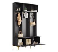 OOIILLEE Armoire d'entrée avec Banc, Rangement Ouvert Multifonctionnel - 6 Crochets - Pieds dorés - (120x40x191,5 cm) - pour Couloir & Salon