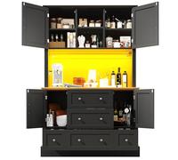 OOIILLEE Armoire Haute Moderne avec Éclairage LED Intégré et Commande par Application - Buffet Salon 4 Portes et 3 Tiroirs - Vitrine Cuisine Éclairage Musical et Dispositif Anti-Basculement