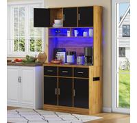 OOIILLEE Buffet Multifonctionnel avec éclairage LED, télécommande, Grand Meuble Bar à café et à Liqueur avec tiroirs, étagères réglables, Prises de Courant (Naturel)