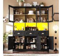 OOIILLEE Buffet Salle a Manger avec éclairage LED, Meuble de Rangement avec étagères réglables Couleurs de lumière Variables, Vitrine pour Cuisine et Salon, Buffet Haut (Noir,140×40×175cm)