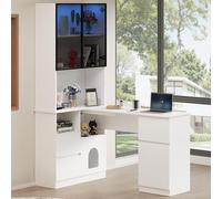 OOIILLEE Bureau d'angle avec étagère et vitrine LED 120×80×180 cm - Bureau avec Passage de câbles, 3 tiroirs, 2 Portes, Compartiments Ouverts et Compartiment pour Animaux domestiques