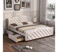 OOIILLEE Cadre de lit 160x200cm avec sommier à Lattes, lit Coffre avec 2 tiroirs, Lit Double avec sommier, Support à Lattes en Bois, Finition rivetée, Bois et PU, Blanc