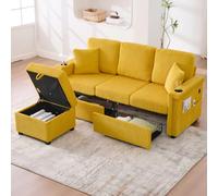 OOIILLEE Canapé d'angle avec éclairage LED et Port USB-C, canapé 3 Places en L avec Porte-gobelets et Poches latérales, canapé sectionnel avec Repose-Pieds de Rangement et 2 tiroirs, Velours, Jaune