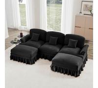 OOIILLEE Canapé d'angle Modulaire en Forme de U en Chenille - Canapé Nuage Profond et Moelleux pour Salon avec Accoudoirs Entonnoir, Ceinture à Volants Amovible, Pieds Fuselés et Pouf Intégré (Noir)