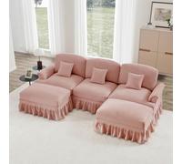 OOIILLEE Canapé d'angle Modulaire en Forme de U en Chenille - Canapé Nuage Profond et Moelleux pour Salon avec Accoudoirs Entonnoir, Ceinture à Volants Amovible, Pieds Fuselés et Pouf Intégré (Rose)