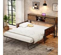 OOIILLEE Canapé-lit en Fer 90x200cm avec lit gigogne 90x190 cm, lit de Jour avec Compartiment de Rangement de Chevet, USB, Type-c, Deux Prises Standard, Style Ferme, Noir + Marron