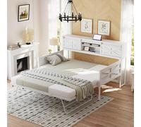 OOIILLEE Canapé-lit en Fer 90x200cm avec lit gigogne 90x190 cm, lit de Jour avec Compartiment de Rangement de Chevet, USB, Type-c, Deux Prises Standard, Style Ferme, Blanc