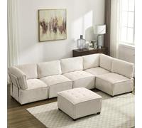OOIILLEE Canapé modulaire en U/L avec Pouf, rembourré canape Dangle Convertible 6 Places de 308 cm, canapé lit Poche de Rangement, Structure en Bois Massif et métal, Tissu Velours côtelé, Beige