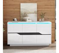 OOIILLEE Commode de Salon 140 x 40 x 76 cm, Buffet 3 Portes, Meuble de Salle à Manger avec séparateurs réglables, Larges casiers sans poignées, Meuble d'appoint Polyvalent, Blanc