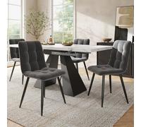 OOIILLEE Ensemble de Salle à Manger 5 pièces, Tables à rallonges avec 4 chaises en Velours, Structure en Bois, Plateau en marbre, pour la Maison, l'appartement (Pieds en Forme de Colonne)