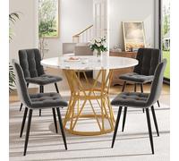 OOIILLEE Ensemble de Table à Manger (5 pièces), Table a Manger Ronde 100 cm en MDF marbre Blanc avec Pieds de en métal doré, pour Cuisine, Chaises en Velours Gris