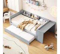 OOIILLEE Lit 90x200 avec lit gigogne 90x180, Canapé lit avec Bureau, Lit Plat avec Trois étagères sur Le côté du lit, Lit Enfant Cadre de lit 90x200 en Pin Gris (sans Matelas)
