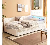 OOIILLEE Lit Banquette 90 x 200cm, Canapé-lit avec Deux tiroirs, Rangement au Niveau de la tête de lit, et Chargement USB + Type C, Lit de Jour, Cadre de lit 1 Place avec éclairage LED (sans Matelas)