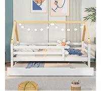 OOIILLEE Lit Cabane Enfant Convertible, Lit de Jour avec roulettes, Lit Gigogne et Simple en Bois Massif Blanc et Châssis Naturel (90x200 cm et 90x190 cm)