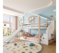 OOIILLEE Lit Cabane Enfants 90x200 avec Toboggan et fenêtre, Lit Superposé 2 Places avec Rampe et Espace de Rangement, pour Les frères et sœurs, en Bois Massif Blanc (sans Matelas)