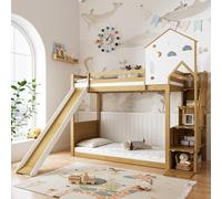 OOIILLEE Lit Cabane Enfants 90x200 avec Toit et fenêtre, Lit Superposé avec 3 casiers dans l'escalier et Toboggan, Lit Enfant Cadre de lit en Pin+MDF Blanc Naturel (sans Matelas)