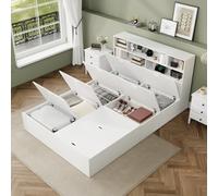 OOIILLEE Lit Coffre 140x200cm avec Coffre de Rangement, lit Double avec Port USB, tête de lit avec Compartiment de Rangement, sommier 140x200 en Bois Massi, sans Matelas, Blanc