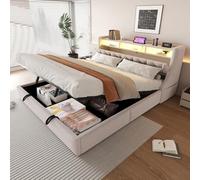 OOIILLEE Lit Double 180x200 cm avec éclairage LED et Prise de Courant, lit Coffre hydraulique, tête de lit tapissée avec Rangement, Cadre de lit 180x200 avec sommier relevable, Tissu Velours, Beige