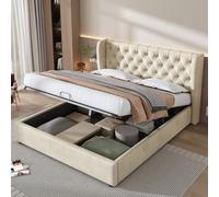 OOIILLEE Lit Double 180x200, lit Coffre hydraulique avec sommier à Lattes, Cadre de lit 140x190 avec sommier, Coutures à Gros Boutons, Velours, Beige