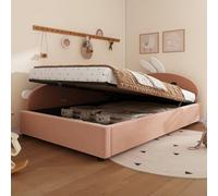 OOIILLEE Lit Enfant 90x200cm, tête de lit en Forme de Lapin, lit Coffre avec hydraulique, Bord relevé Doux, Panneau latéral Gauche, Velours, Rose + Blanc