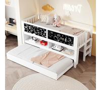OOIILLEE Lit Enfant 90x200mm, avec lit gigogne, avec Table à Dessin, Espace de Rangement Ouvert, échelle d'escalade, lit Enfant mi-Haut en Bois Massif, Matelas Non Inclus, Blanc