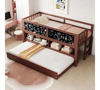 OOIILLEE Lit Enfant 90x200mm, avec lit gigogne, avec Table à Dessin, Espace de Rangement Ouvert, échelle d'escalade, lit Enfant mi-Haut en Bois Massif, Matelas Non Inclus, Brun