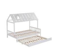 OOIILLEE Lit Enfant et Adolescent Maison avec Toit et Cheminée - Lit Gigogne Intégrable - Barrière de Sécurité sur 3 Côtés - Structure en Pin et MDF - Blanc - 120x200 cm ou 120x190 cm