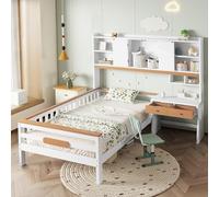 OOIILLEE Lit Enfant Évolutif avec Armoire Intégrée, Bureau et Tiroirs - Structure en L Optimisée pour Gain de Place | Matelas à Lattes Réglables + Plaque de Protection | (Pin Massif) | 90x200 cm