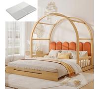 OOIILLEE Lit Extensible avec Matelas, Lit Mezzanine à Toit Voisiné avec Espace Rangement, Lit Cabane Évolutif Enfant et Adulte en Pin Naturel et Velours Orange (140x200cm + 140x100cm)
