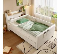 OOIILLEE Lit Gigogne Enfant Multifonction, Lit Rembourré Confortable avec Canapé-Lit, Table de Chevet à Porte Rabattable et 3 Sacs de Rangement, Structure Métallique Renforcée, Blanc, 90x200 cm