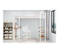 OOIILLEE Lit Loft en Fer avec Bureau rectangulaire, Cadre de lit Robuste, Lits Loft pour Enfants avec étagère de Rangement et Compartiments de Rangement pour Enfants&Adolescents (Blanc)