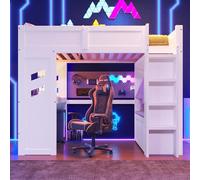 OOIILLEE Lit Mezzanine 1 Place avec éclairage LED et USB Type-C, Lit Enfant 90x200 avec Bureau et tiroir, Carde de Gaming avec Portant et échelle, en Pin et Pin Blanc(sans Matelas)