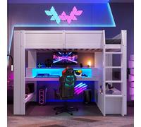 OOIILLEE Lit Mezzanine 1 Place avec LED et Bureau, Lit Gaming avec tiroir et étagères, Lit Superposé Enfant 90x200 avec échelle et Balustrade, Cadre de Lit Blanc(sans Matelas)