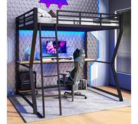 OOIILLEE Lit Mezzanine 140 x 200 cm avec éclairage LED, Console Informatique, Bureau, Prise de Courant + USB, Garde-Corps, escalier, lit ado, lit Enfant, Matelas Non Inclus,Noir